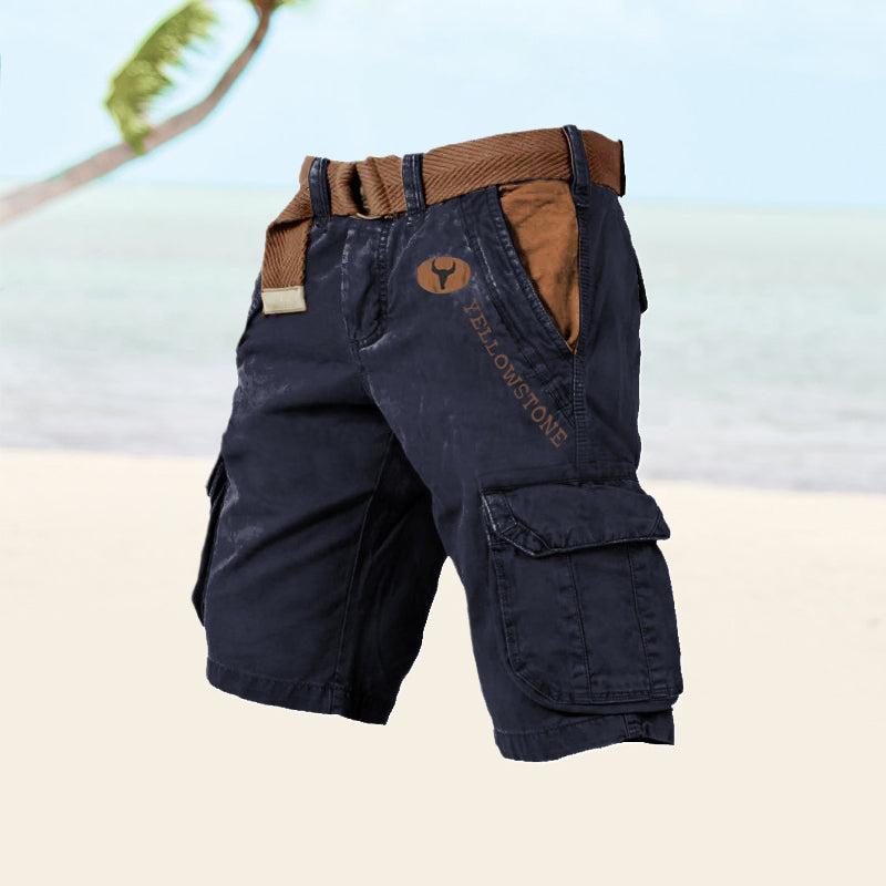  Male model in casual cargo shorts designed with multiple storage pockets  