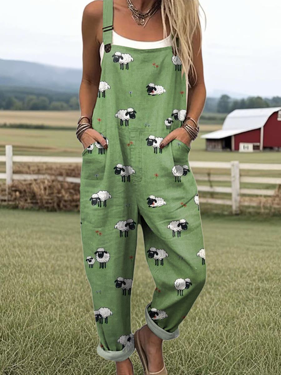 Female model wearing a playful sheep-inspired women’s jumpsuit on a plain background.