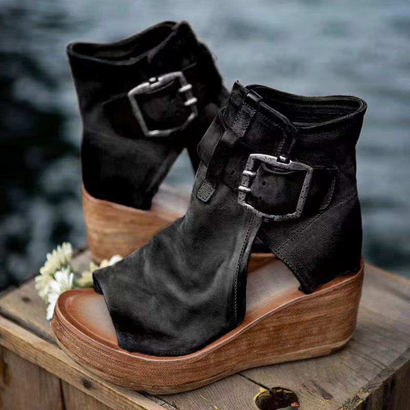 Boho-inspired wedge sandals shown on a clean background for warm-weather outfits.