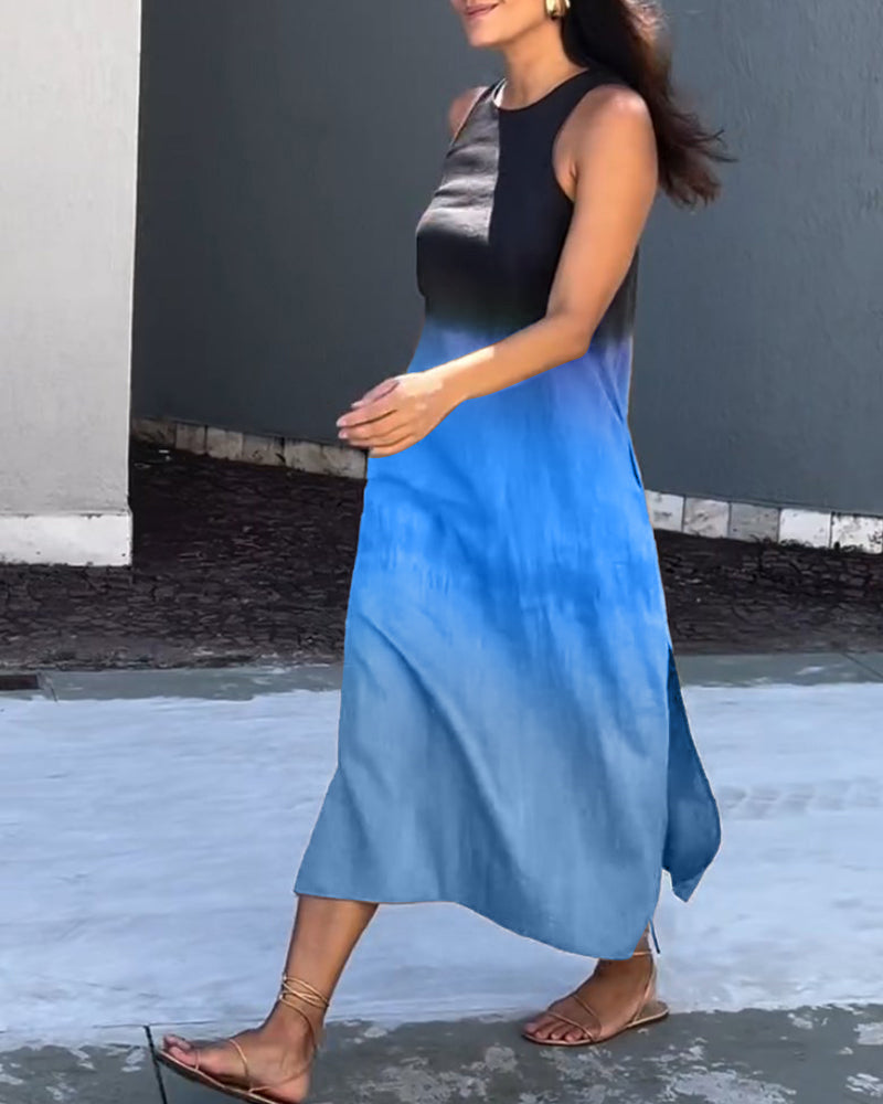 Flowing sleeveless dress with soft color fade and relaxed drape.