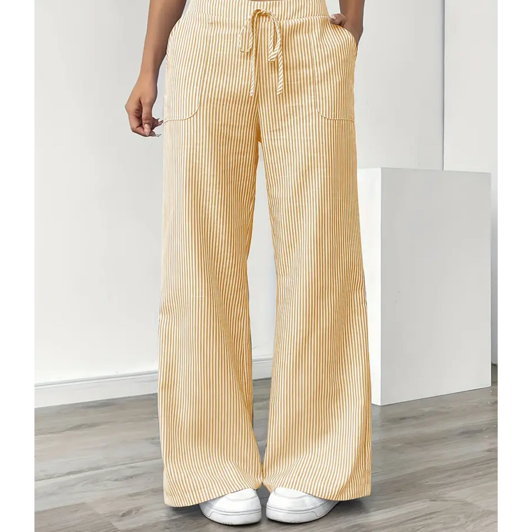 Women’s striped pants with pockets displayed on a plain background.