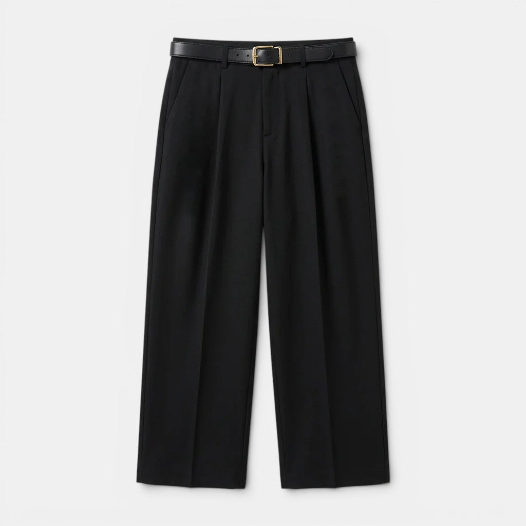 Clean-cut pleated trousers on a plain background.