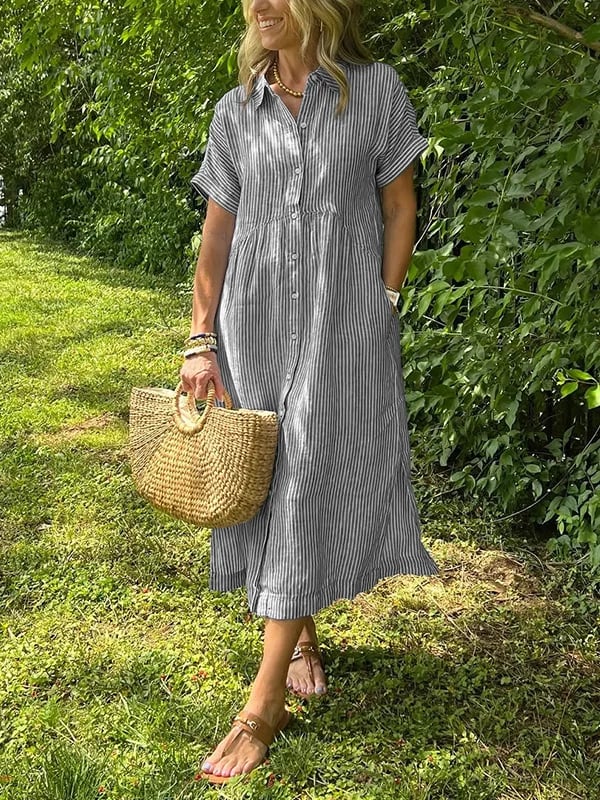 Feminine striped shirt dress design shown w/ model on a green background.