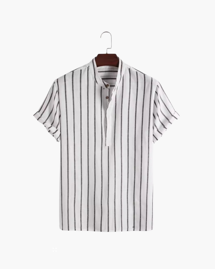 A smart-casual striped polo top with short sleeves on a plain background.X