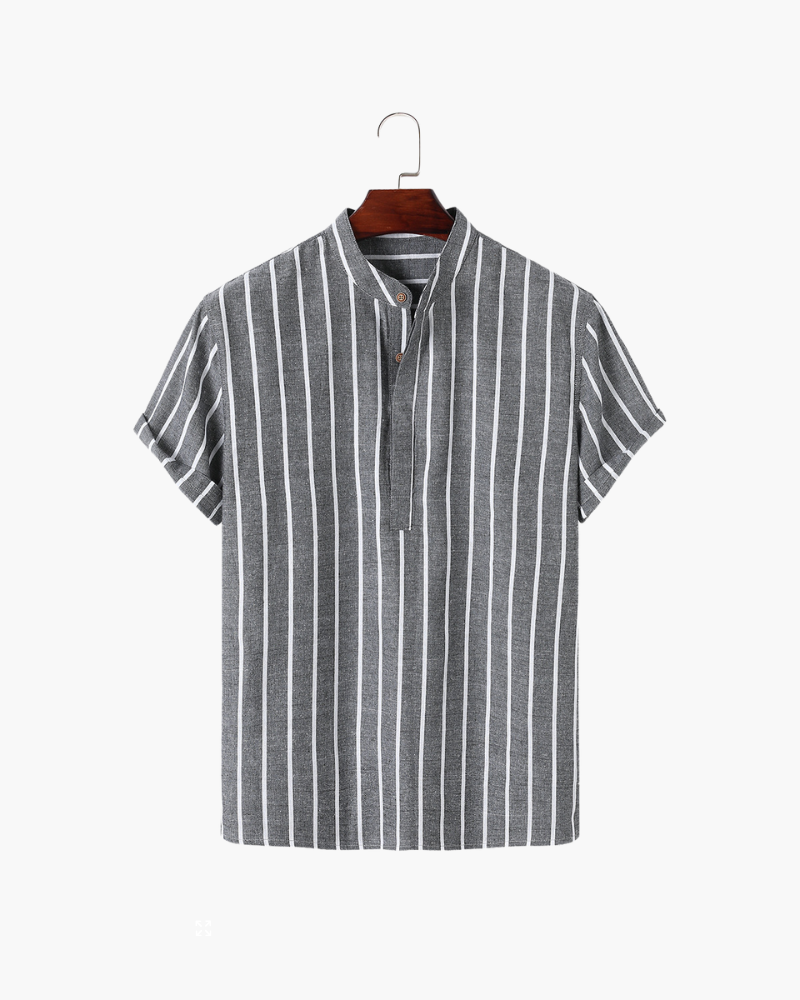 A horizontal striped polo shirt with an open neck detail on a plain background.