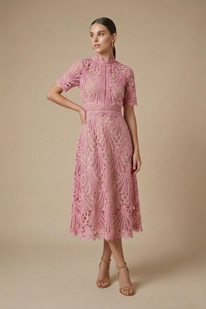 Woman wearing a lace dress with a defined waist and elegant A-line shape on a plain background.