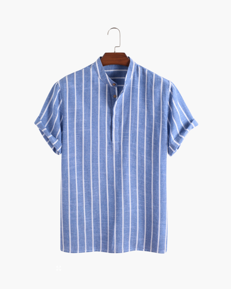 A striped short sleeve polo with a laid-back collar design on a plain background.