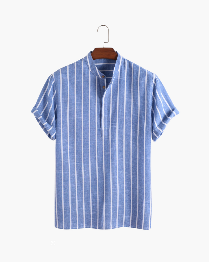 A striped short sleeve polo with a laid-back collar design on a plain background.