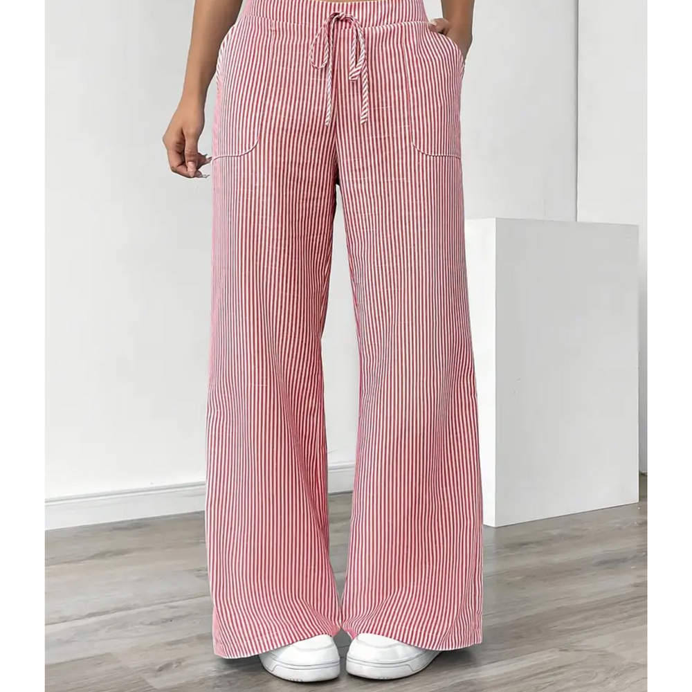 Striped wide-leg pants with side pockets shown on a clean plain background.