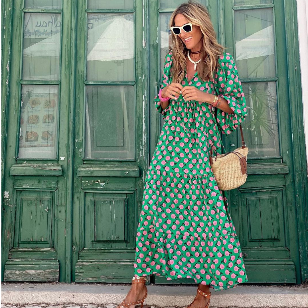 A geometric dress with a lengthening high-low hem and soft flow.