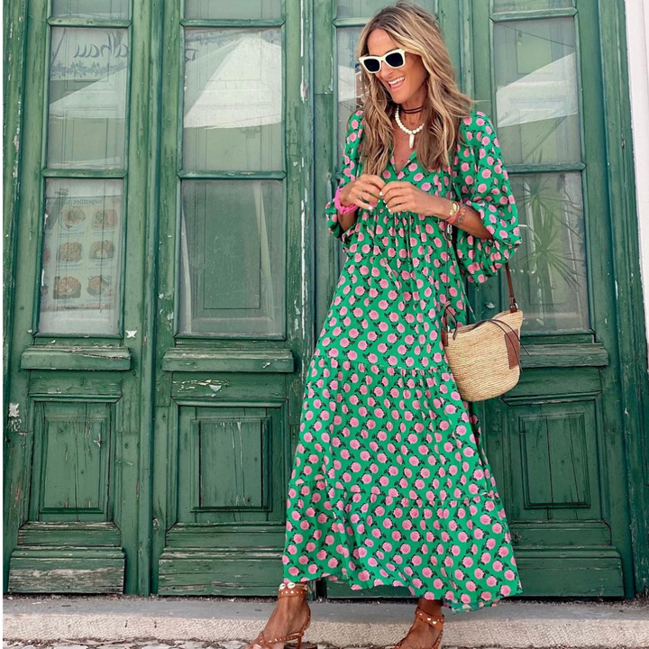 A geometric dress with a lengthening high-low hem and soft flow.