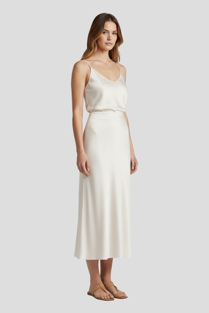 Female model sideway pose skirt on gray background