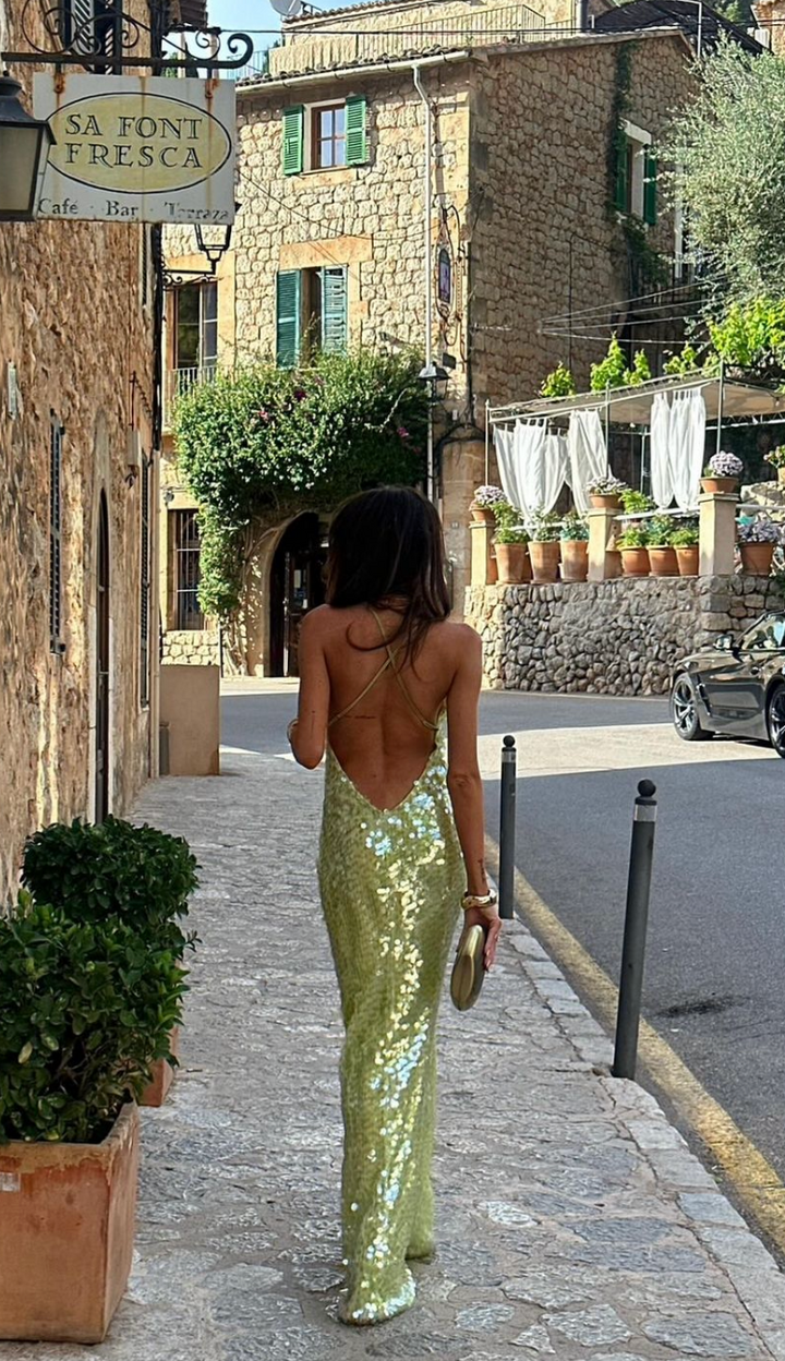 Female model wearing a shimmering evening dress on a sidewalk background, back view