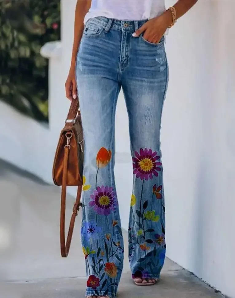 High rise printed jeans shown against a simple background.