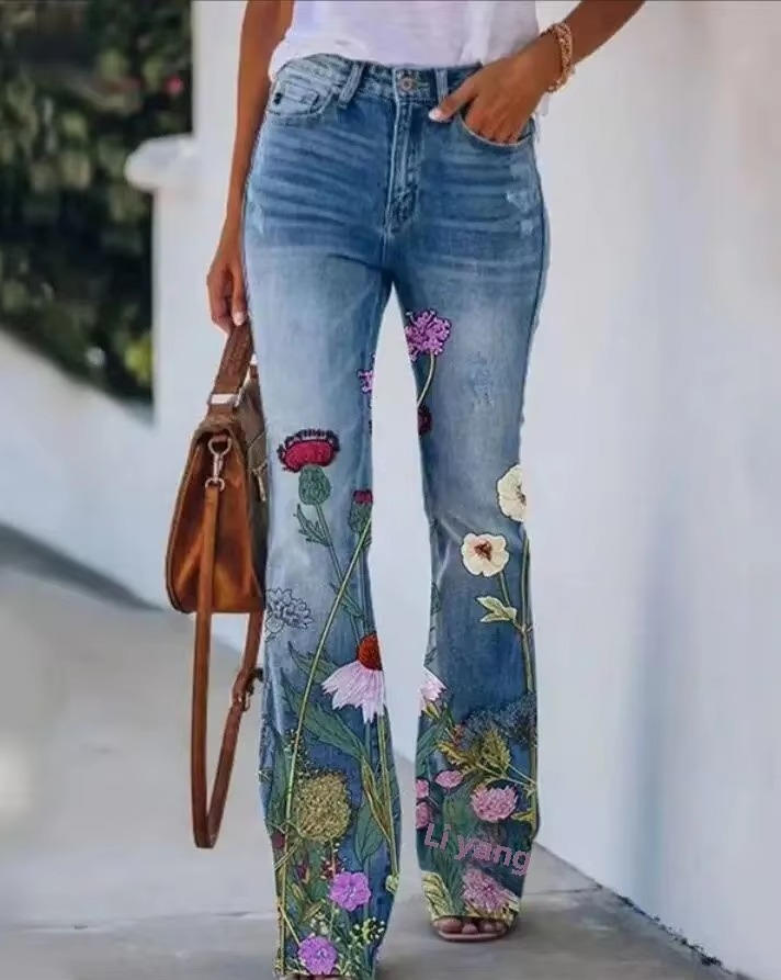 High waist floral jeans shown on a plain background.