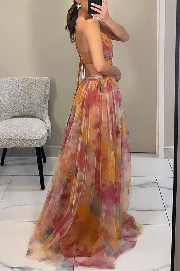 Female showcasing a chic flowing dress on a clean background.