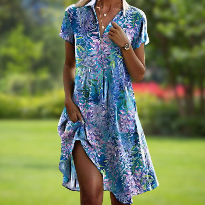 Sophisticated women’s dress displayed on a plain background with a smooth tailored look.