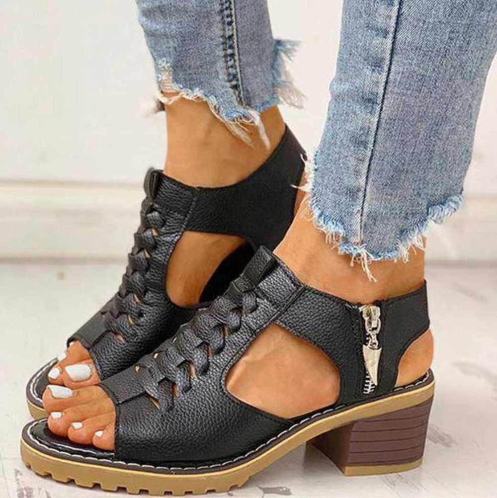 Adjustable high heel sandals shown with feet only on a clean background emphasizing comfort and fit.