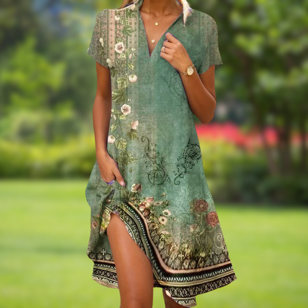 Chic women’s dress on a plain background featuring a refined cut and flowing finish.