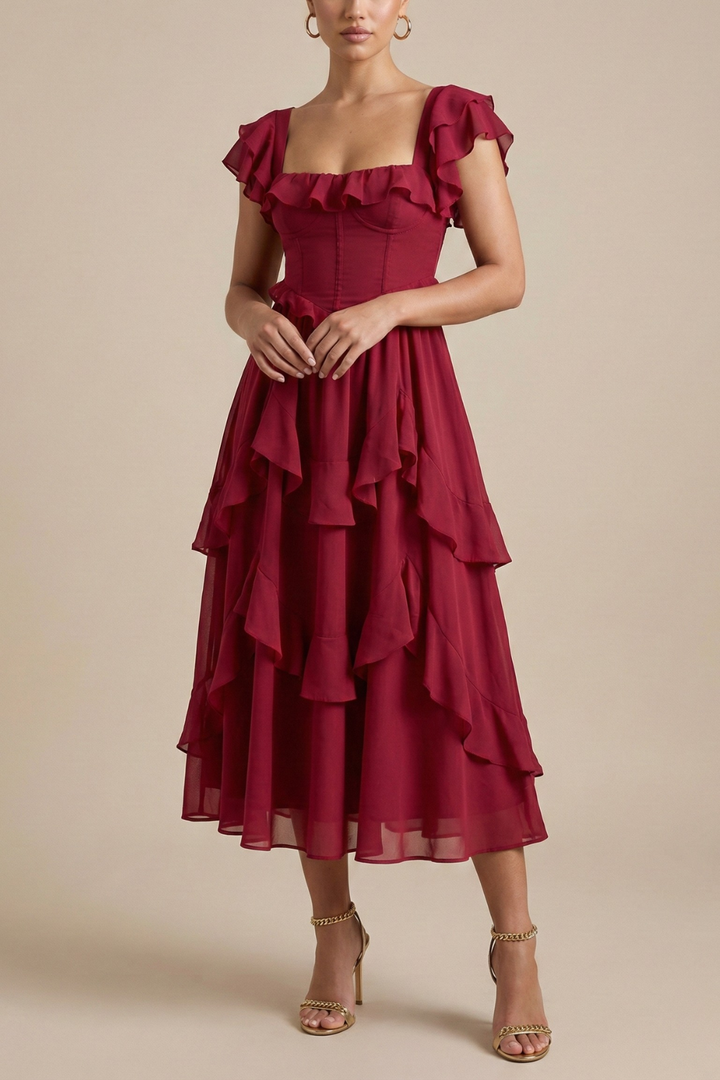 Female model wearing a layered ruffle midi dress with flutter sleeves on a plain background.