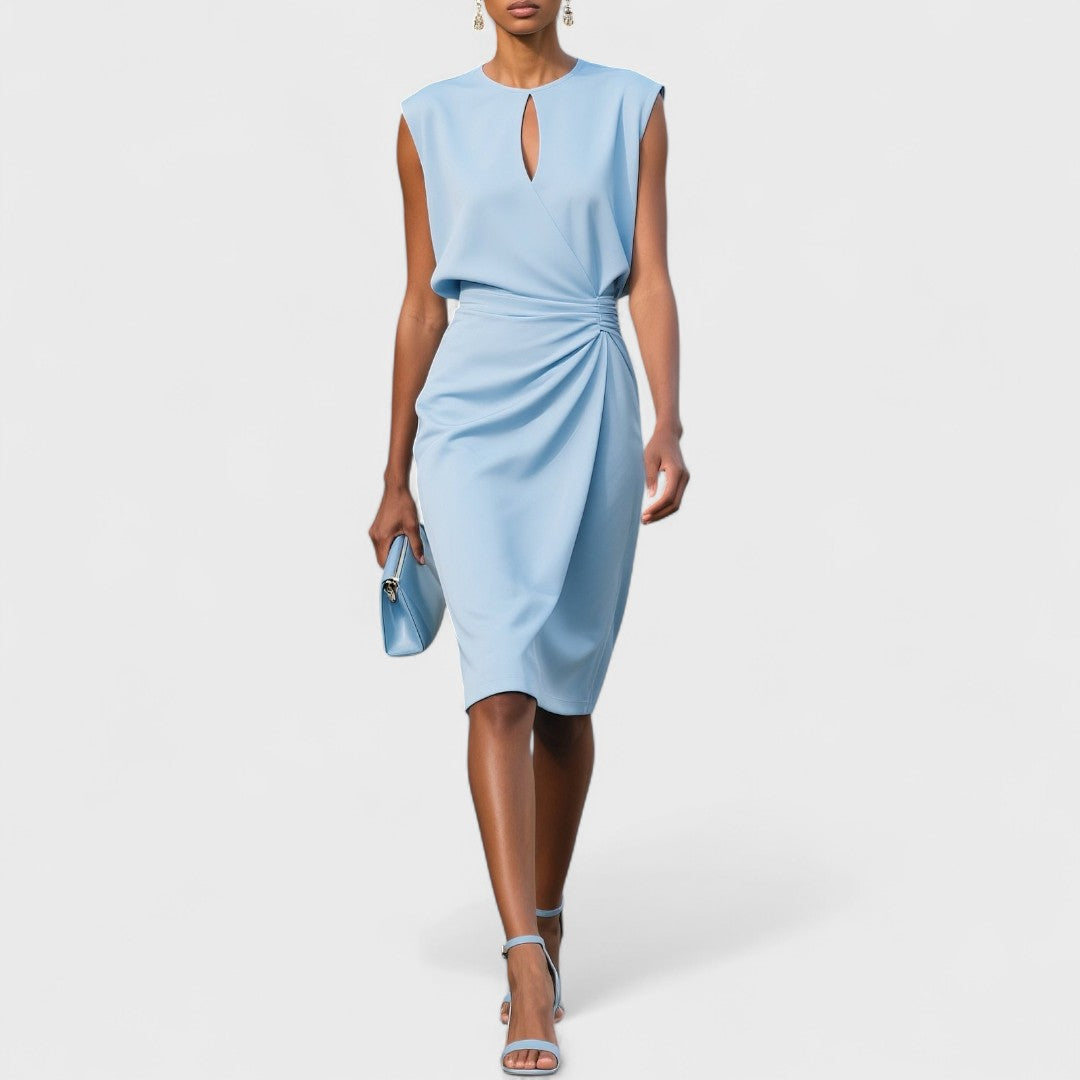 Curve-flattering women’s dress with model on a clean background.