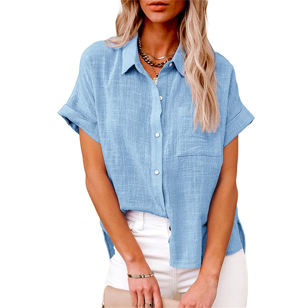 Female figure styled in a breathable relaxed shirt on a clean background.