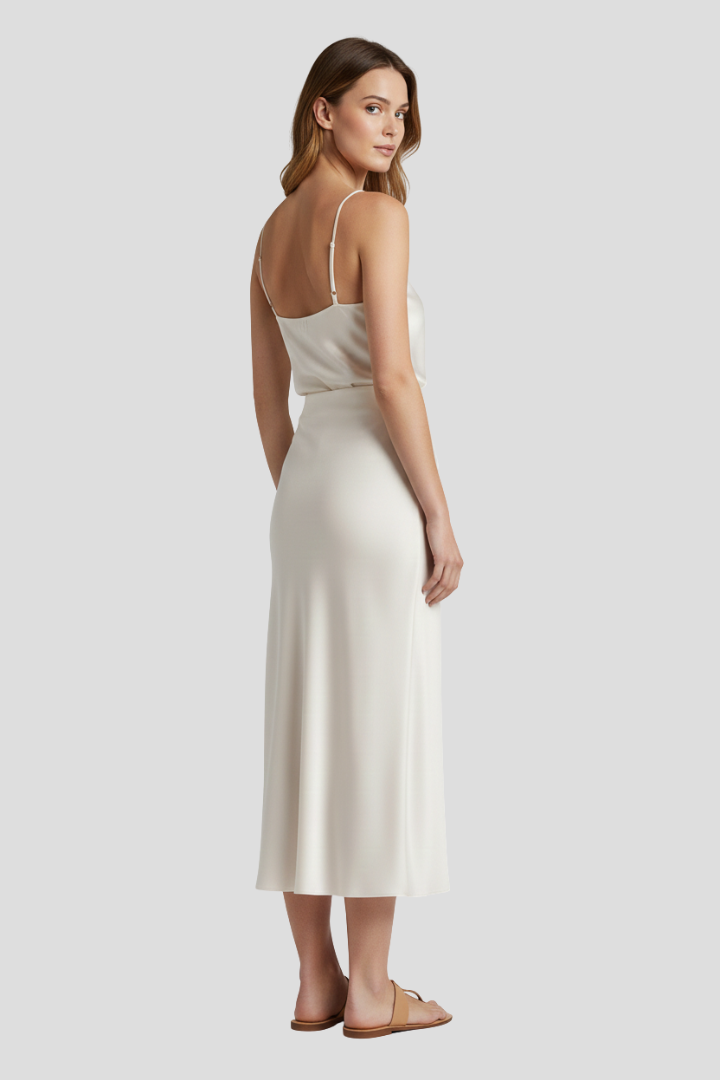 Woman side angle draped midi skirt
