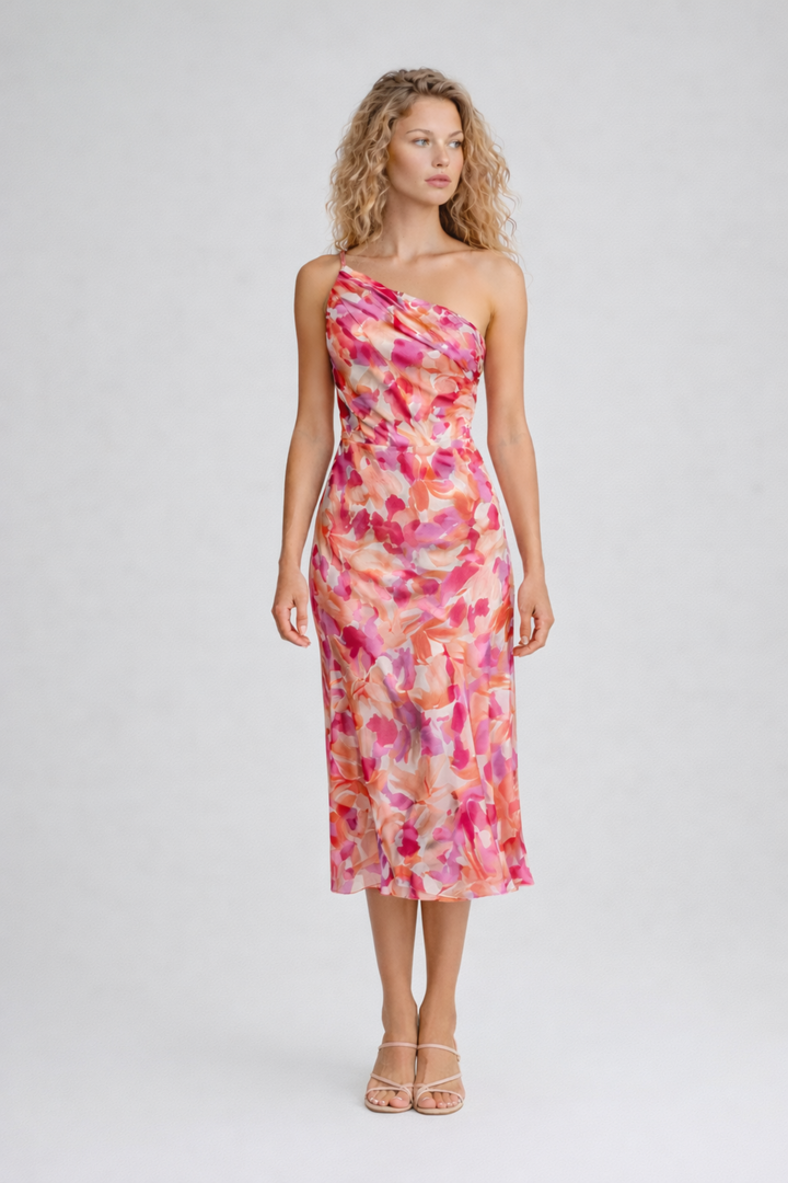 Woman wearing a floral one-shoulder midi dress on a plain background.