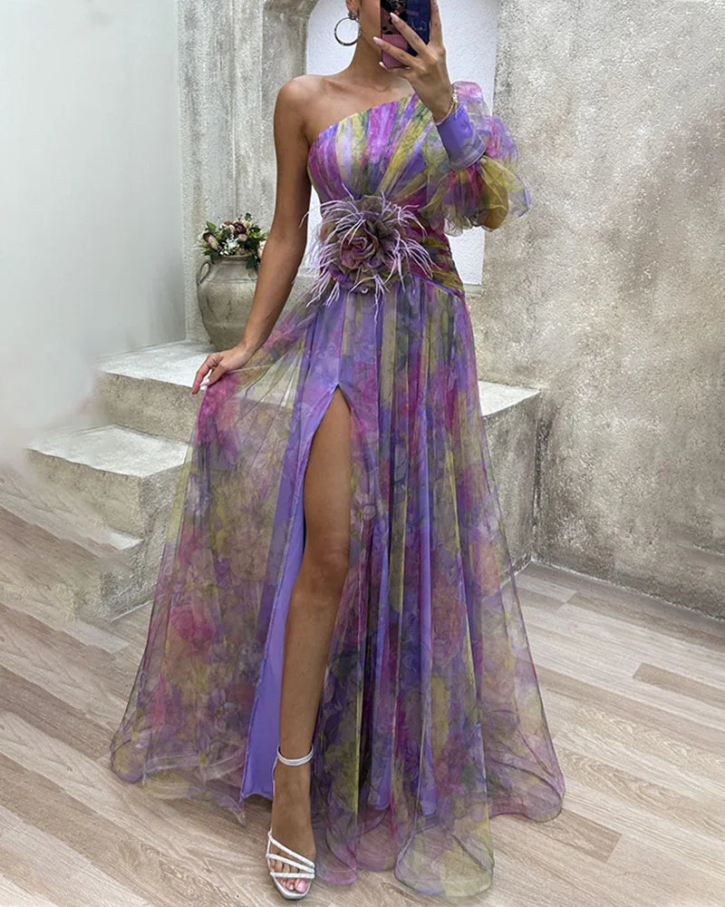 Female model showcasing a chic split dress on a clean background.