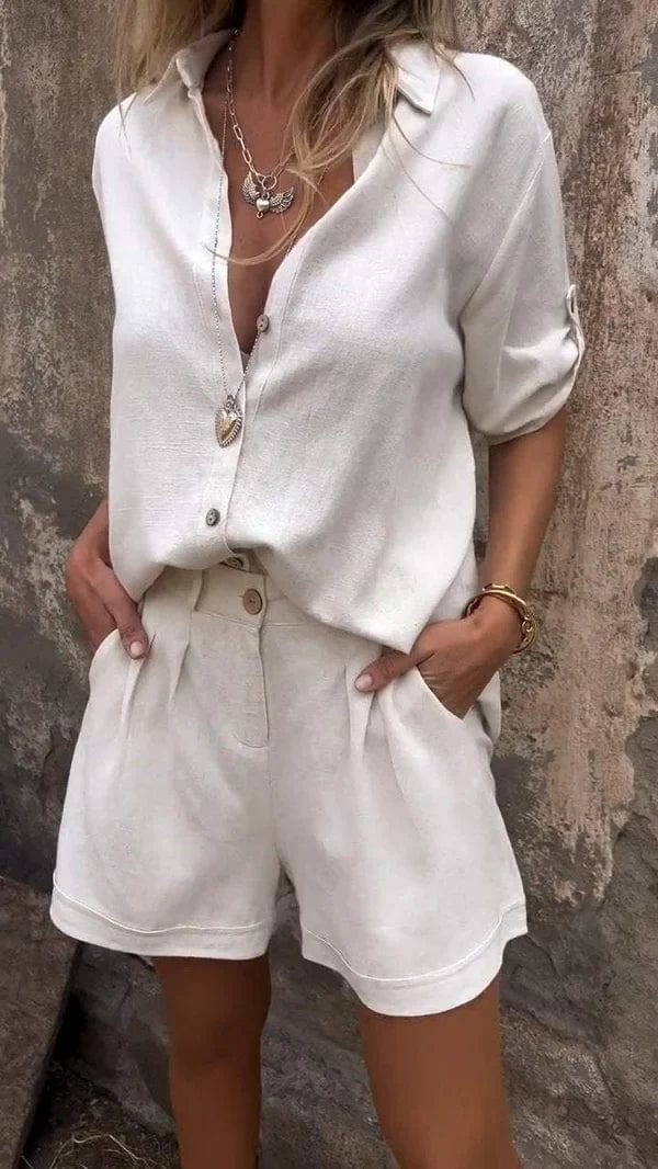 Female wearing a stylish lightweight shorts and top set.