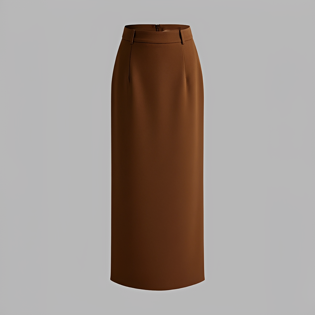 An elegant maxi skirt with a relaxed outfit on a plain background.
