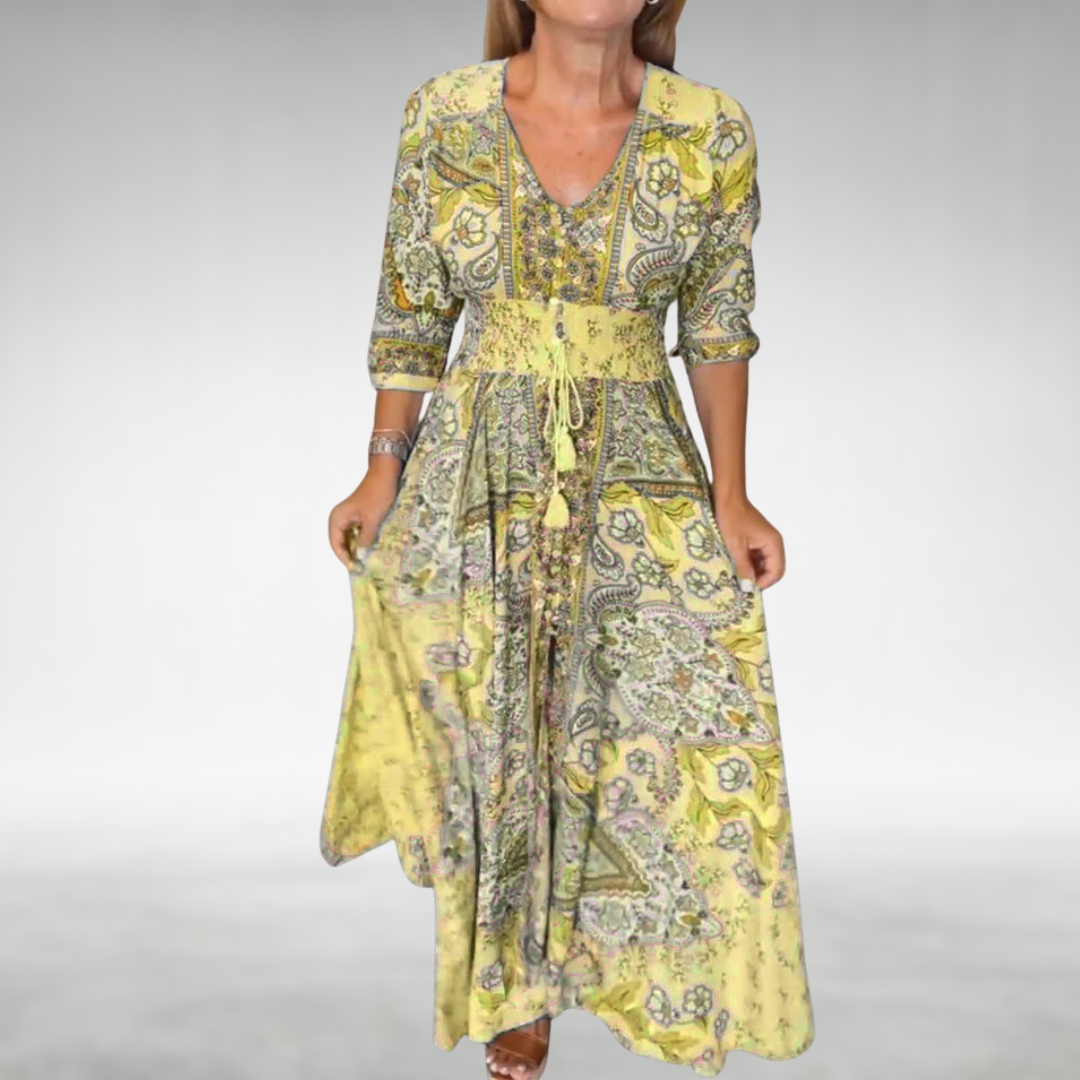 Lightweight boho dress with relaxed fit and long flowing length.