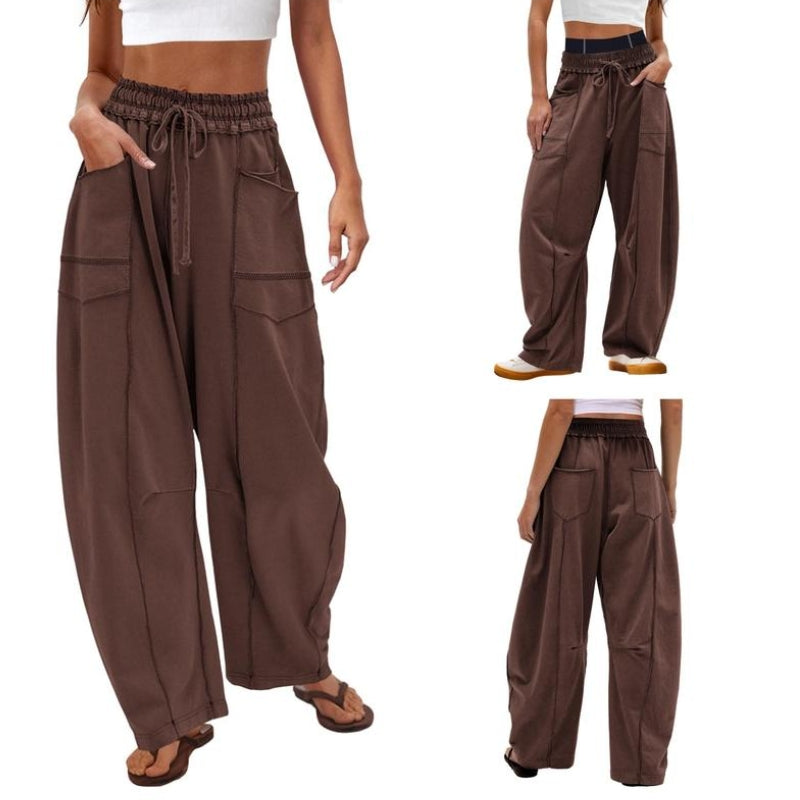 Woman wearing casual wide-leg pants with side cargo pocket