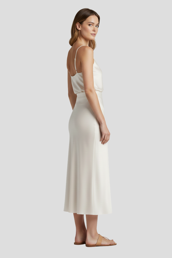 Side way natural pose skirt on plain gray background