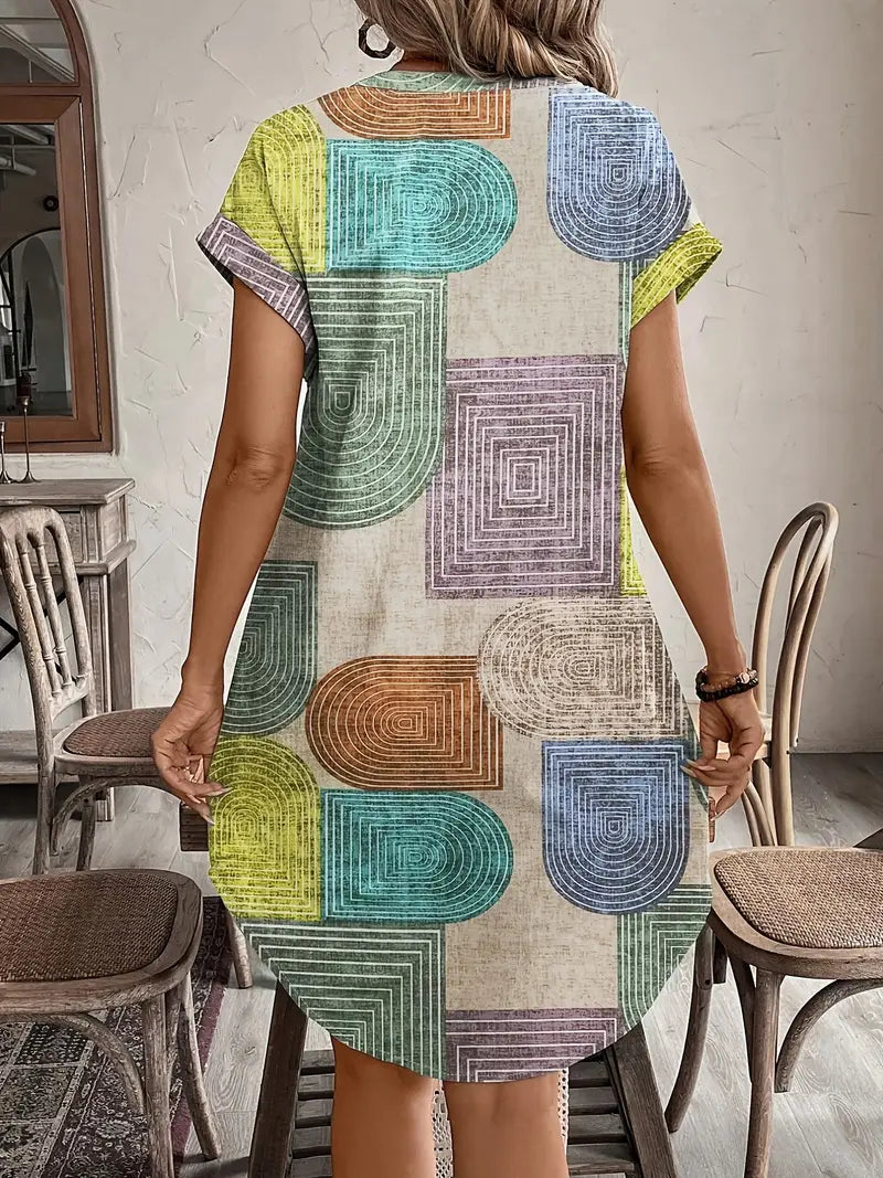 Woman modeling a vibrant button-front mini dress with geometric patterns on a plain background.
