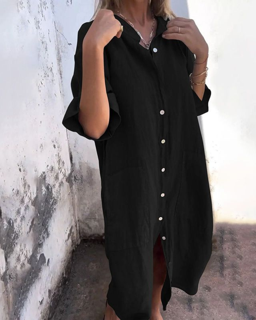Flattering women’s shirt dress displayed with a model on a plain background.