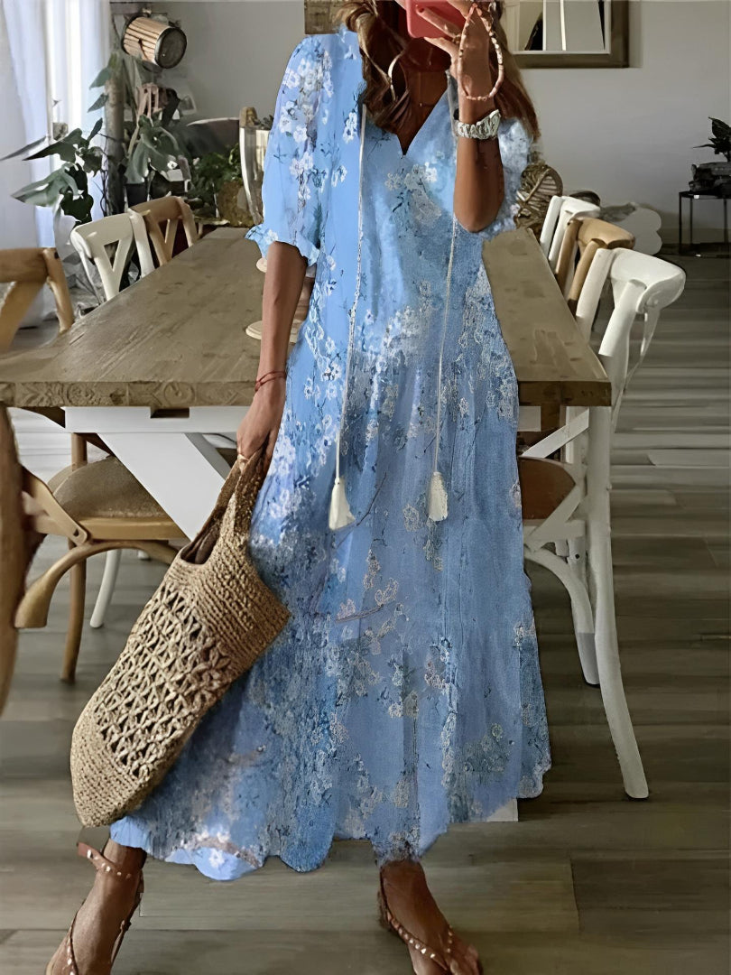Lightweight boho dress with a V-neckline and all-day casual appeal.