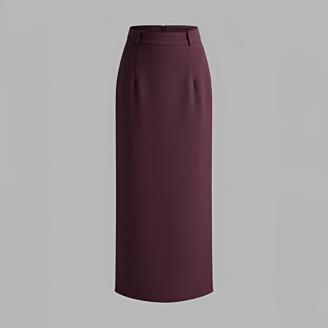 A sleek long skirt with subtle movement on a plain background.