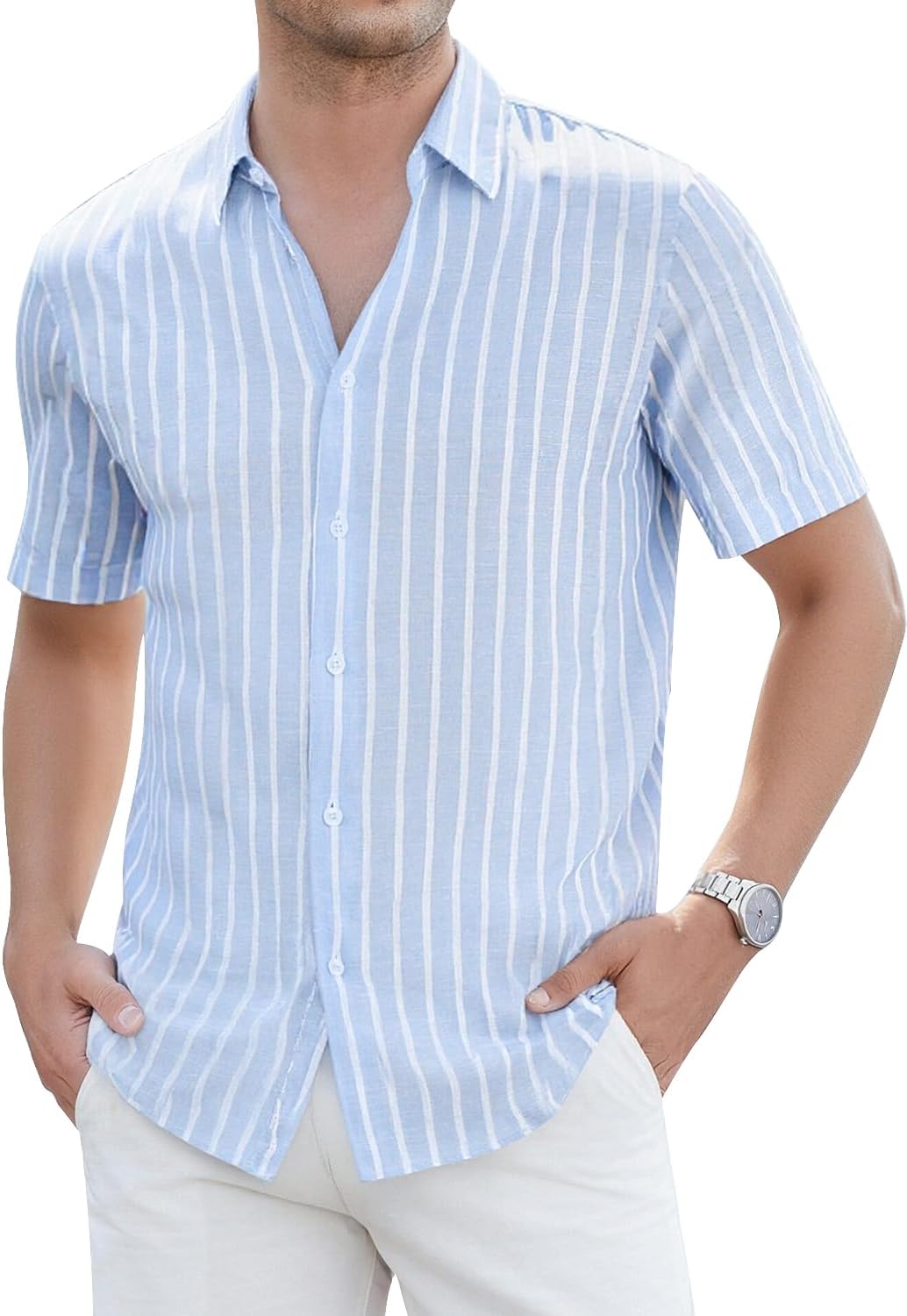  Male model showcasing a striped casual shirt with short sleeves on a plain background.