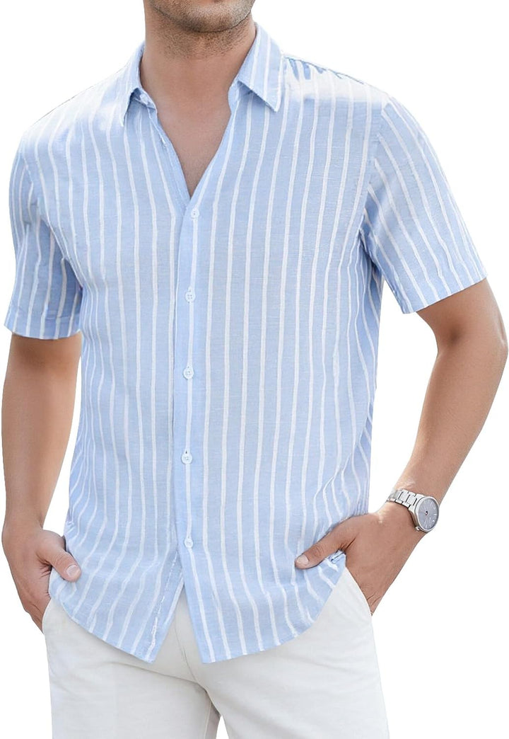  Male model showcasing a striped casual shirt with short sleeves on a plain background.