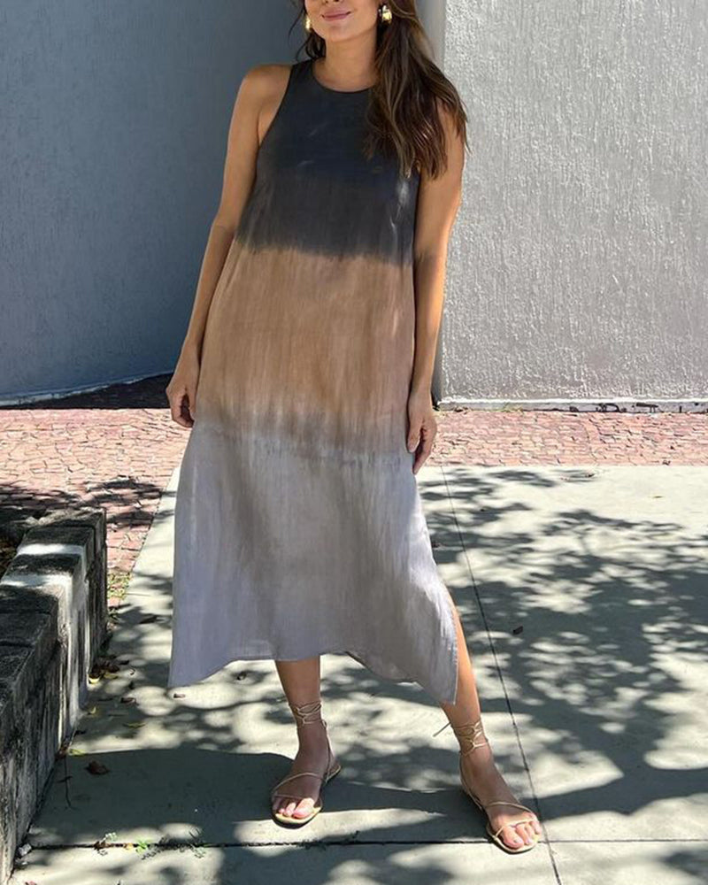 Elegant gradient sleeveless dress designed for a flattering elongated look.