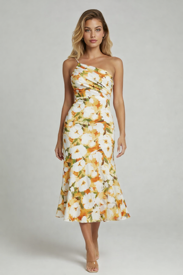 Female model in a one-shoulder floral dress with fitted waist on a plain background.