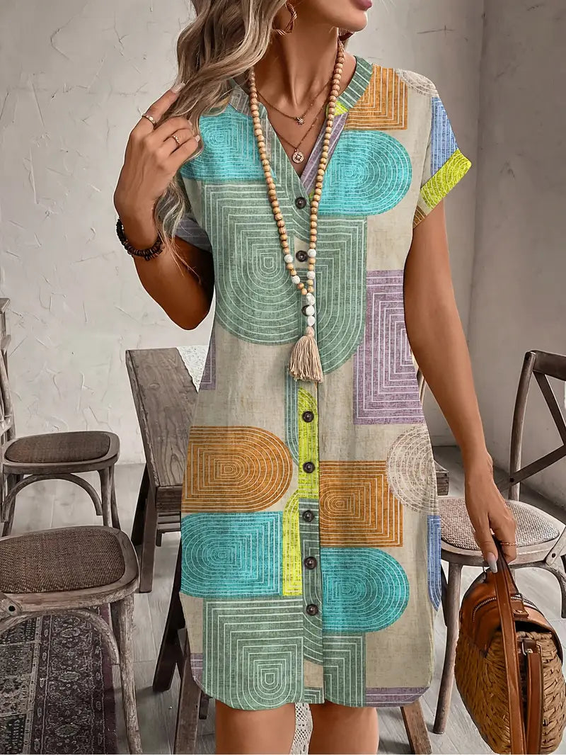 Female wearing a colorful geometric print mini dress against a plain background.