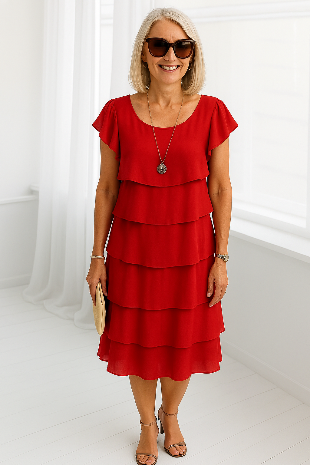 Woman wearing a short sleeve layered midi dress on a plain background.