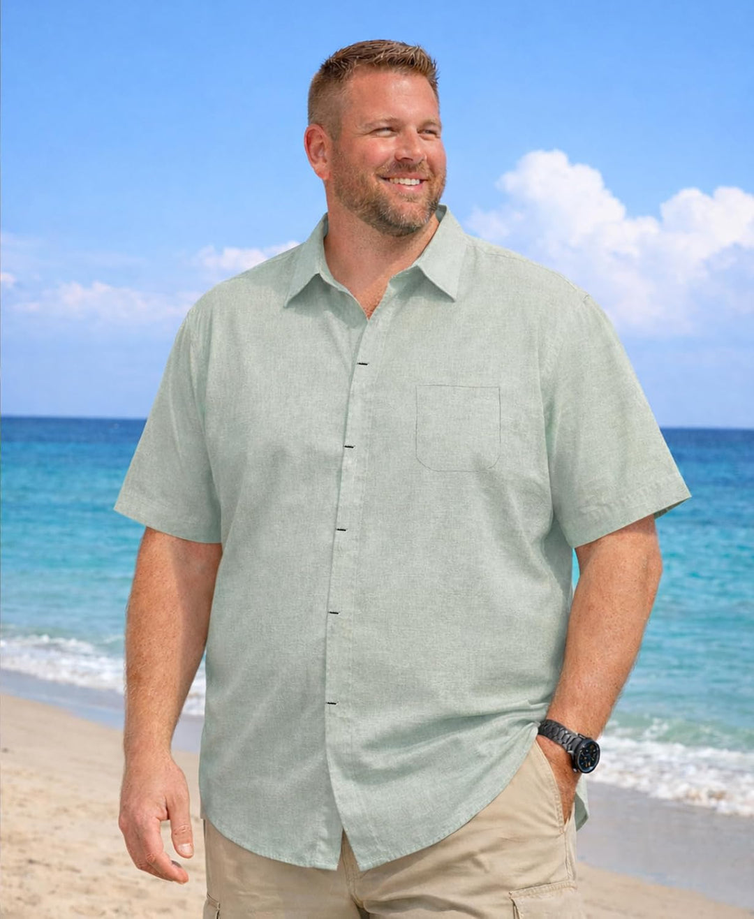  Male model in a casual collared shirt with a clean design on a plain background.