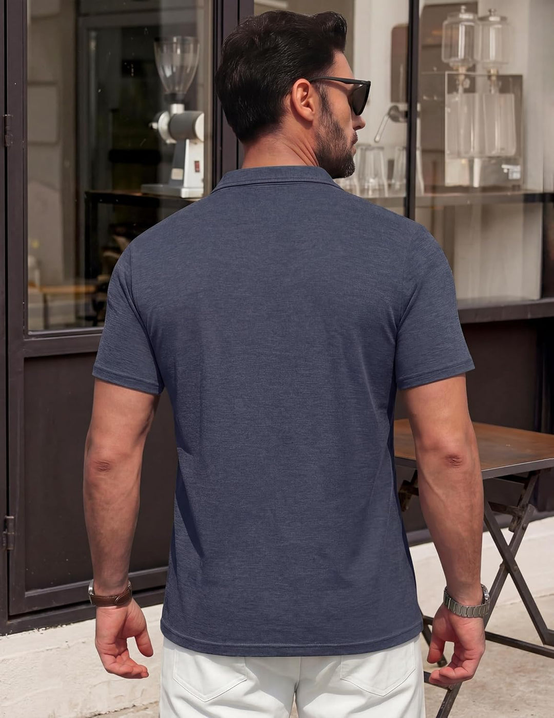  Male model wearing a contrast collar polo shirt on a plain background.