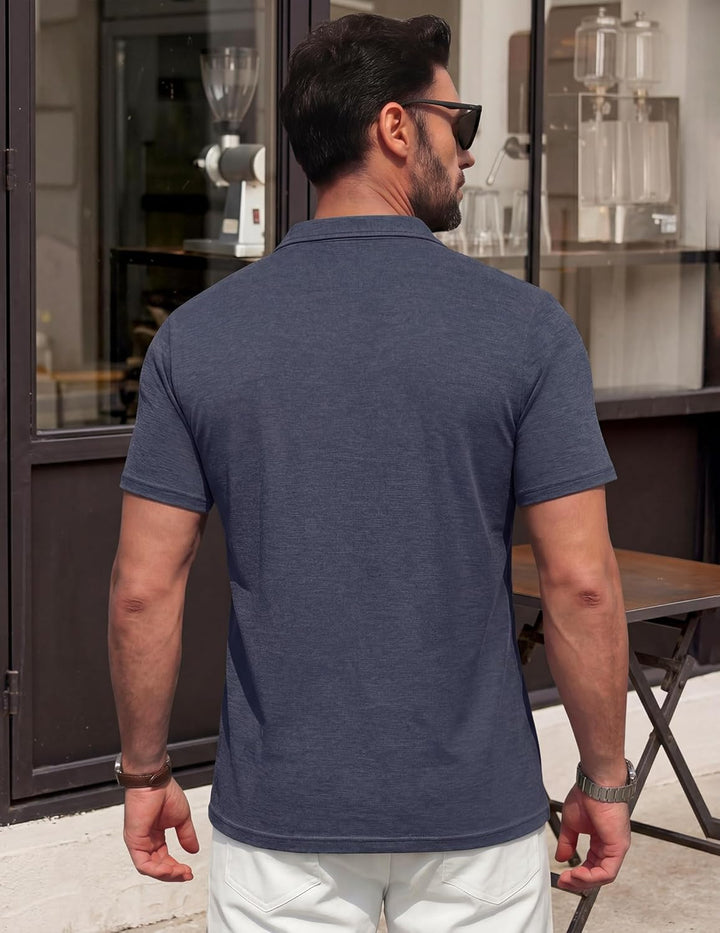  Male model wearing a contrast collar polo shirt on a plain background.
