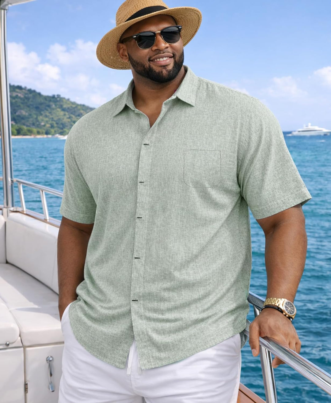  Male model displaying a breathable casual shirt on a plain background.