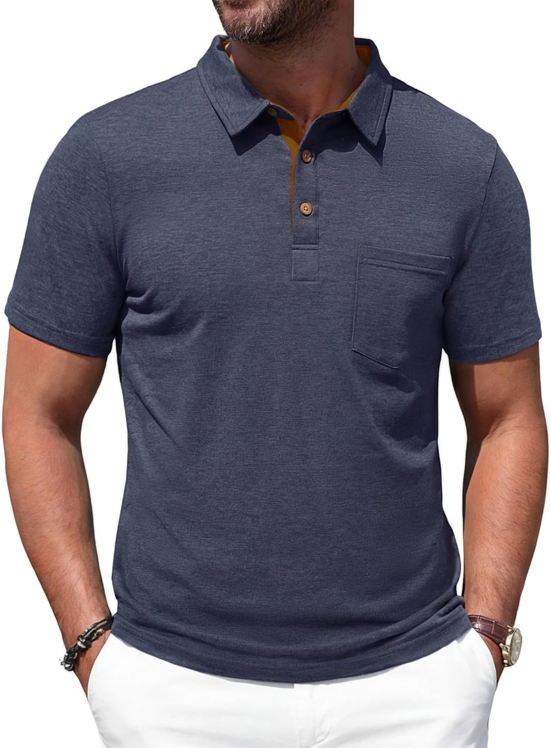  Male model wearing a smart casual polo top on a plain background.