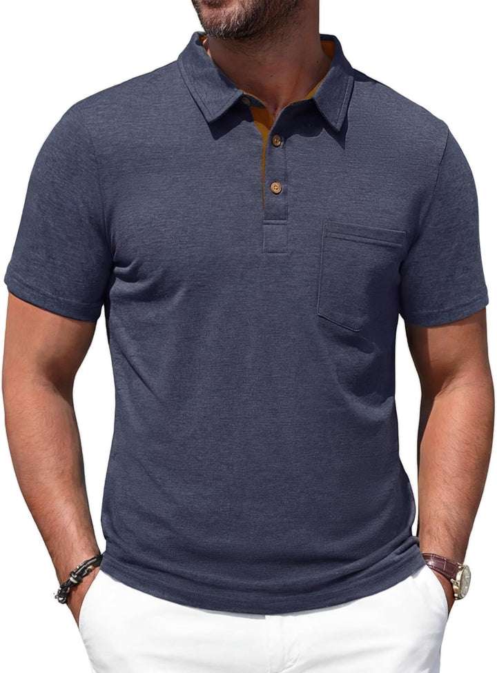  Male model wearing a smart casual polo top on a plain background.
